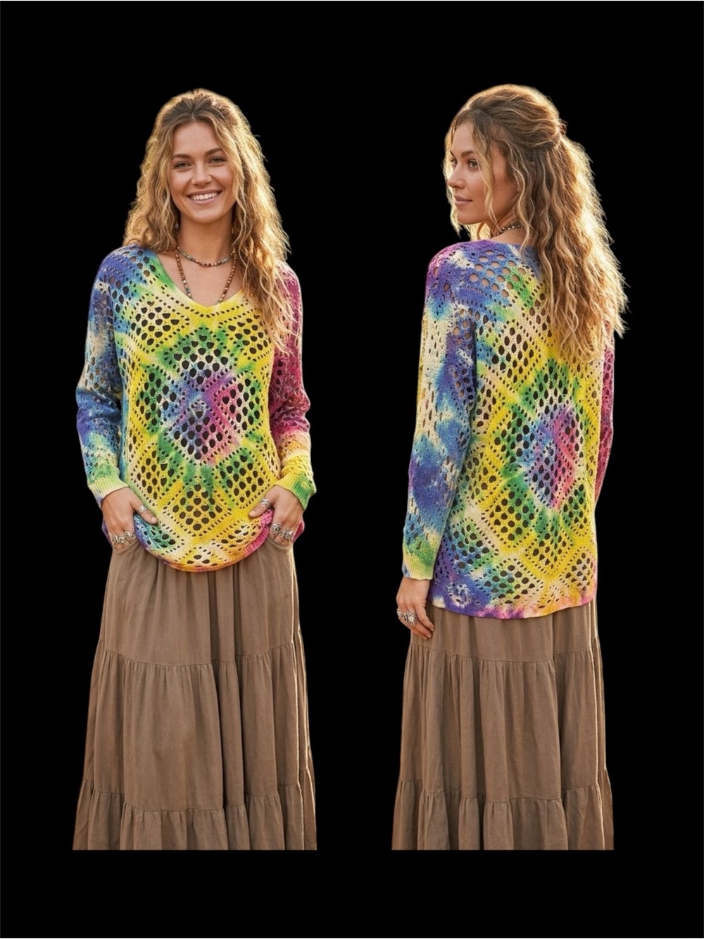 Boho Tie-Dye Open Knit V-Neck Sweater - Multicolor